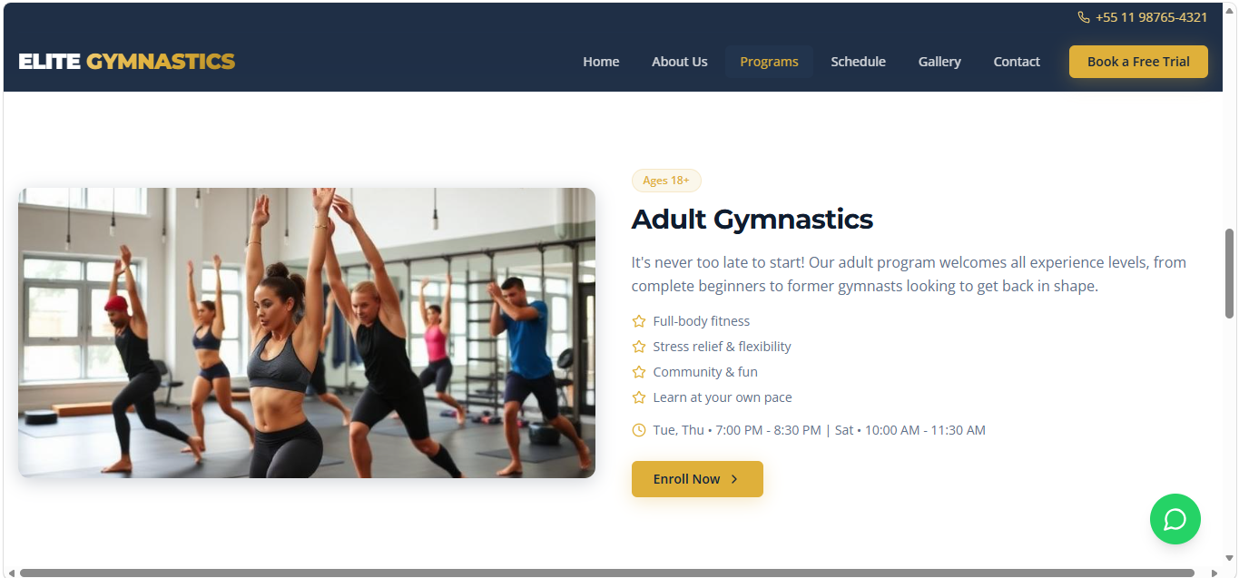 Elite Gymnastics business website screenshot