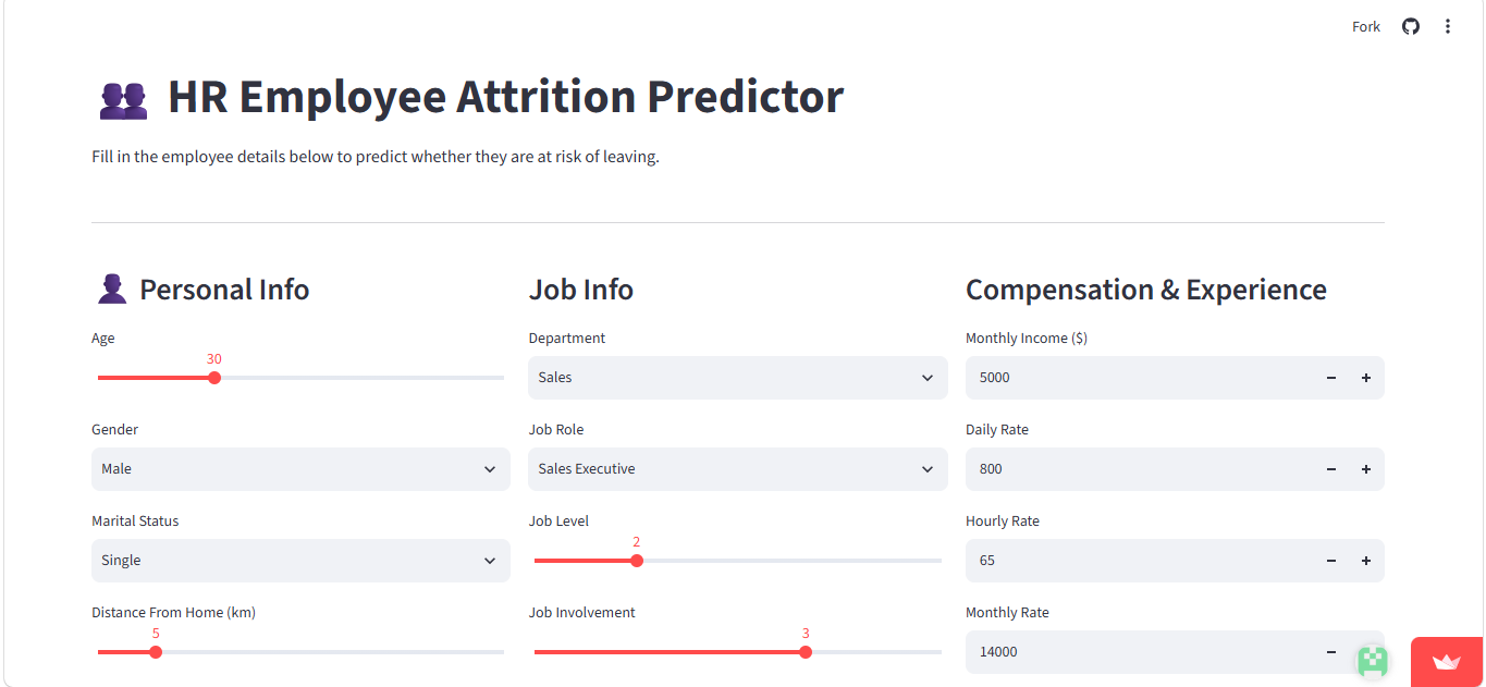HR employee attrition predictor app screenshot