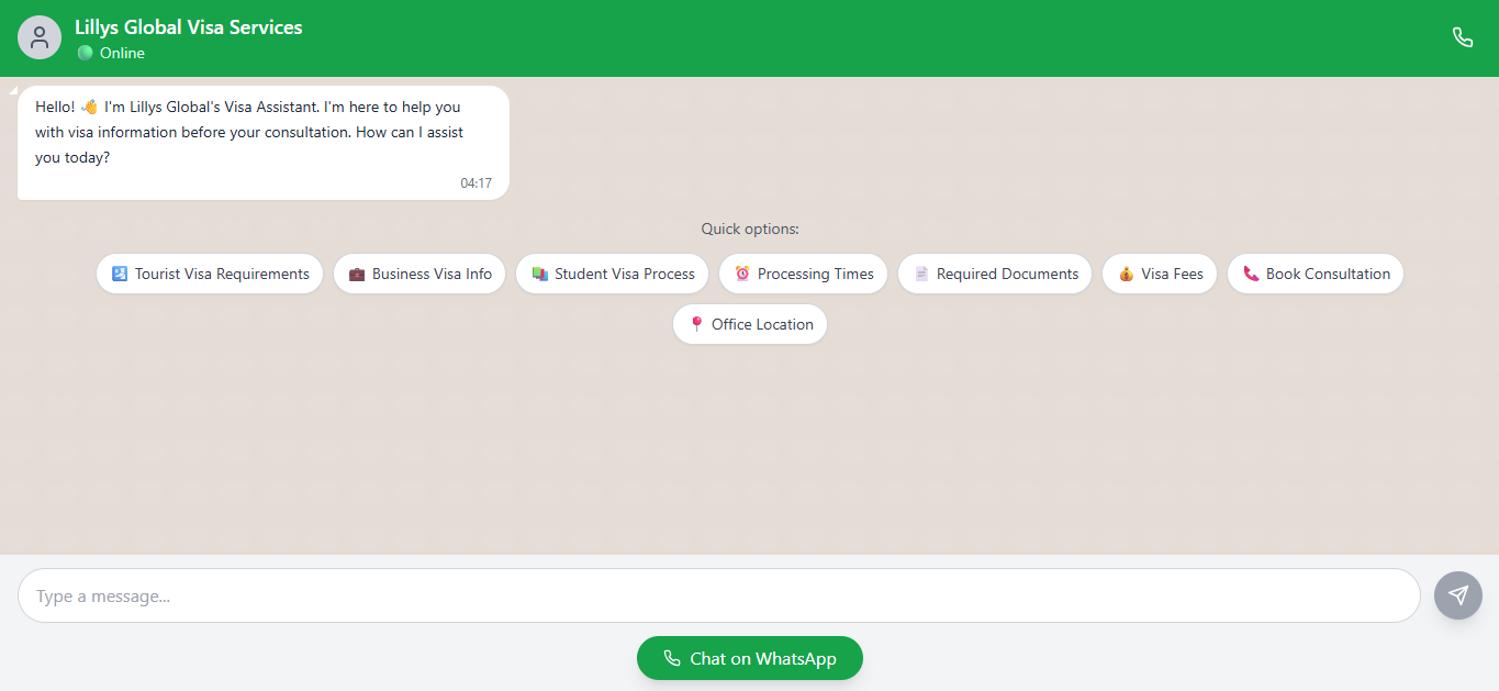 Visa information chatbot screenshot
